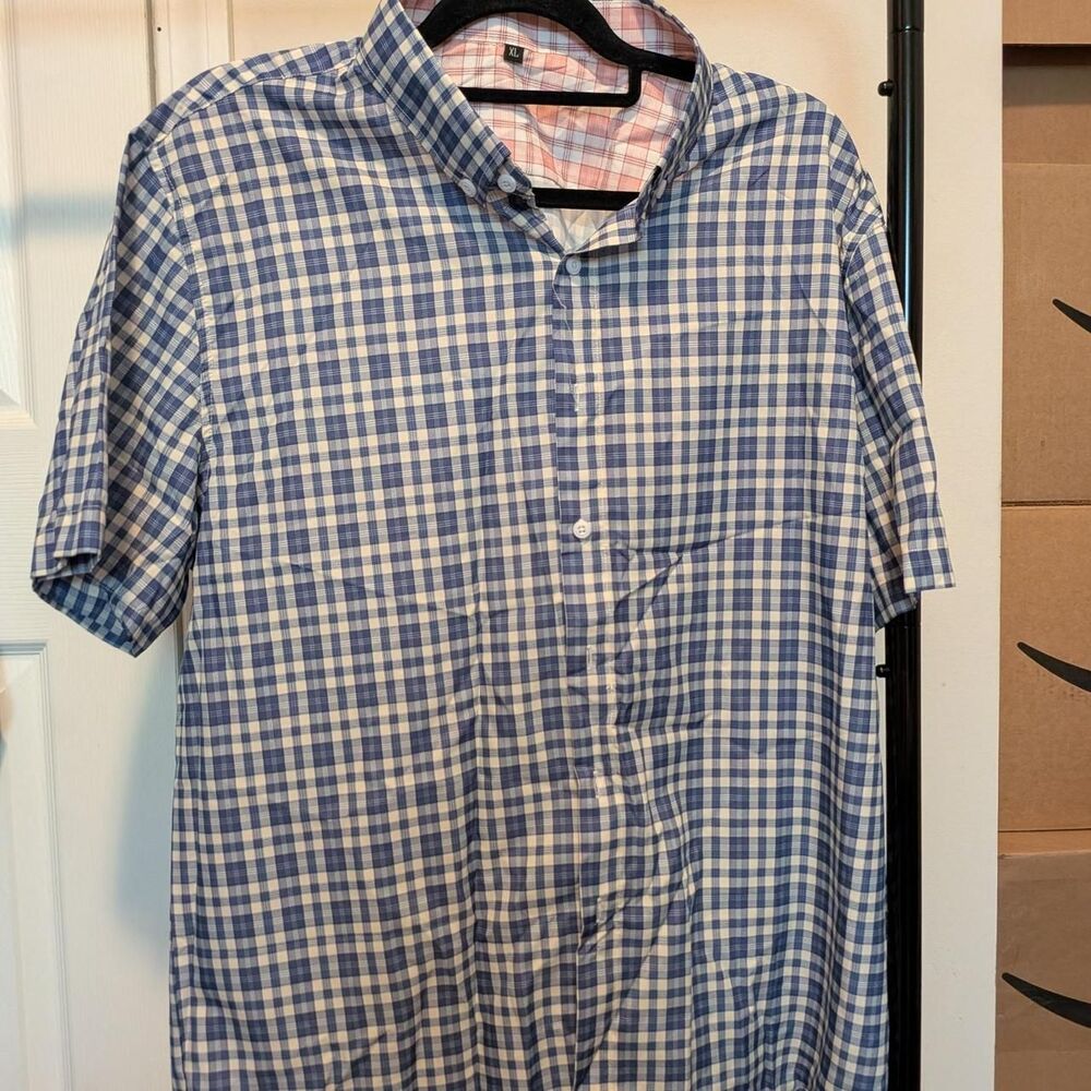 Blue and white checkered button-up shirt in XL